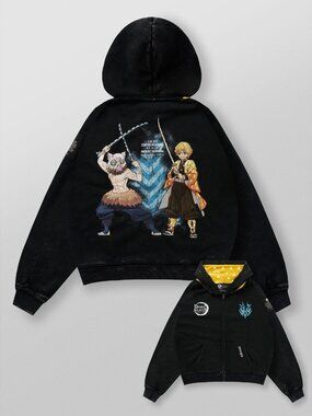 YoungLA 5195 Demon Slayer Zip-Up Hoodie Swordsmen Duo Black Wash XXL NWT